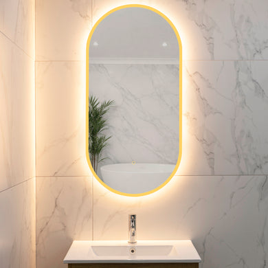Pill Oval 500mm x 1000mm Frontlit and Backlit LED Frameless Mirror with Frosted Glass Border and Demister