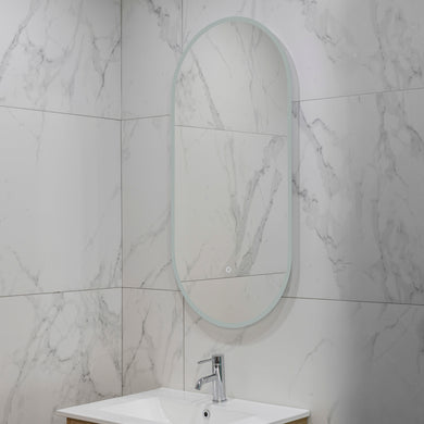 Pill Oval 500mm x 1000mm Frontlit and Backlit LED Frameless Mirror with Frosted Glass Border and Demister