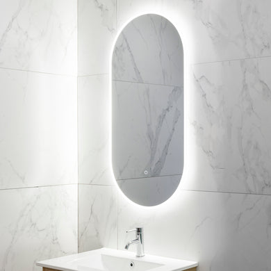 Pill Oval 500mm x 1000mm Frontlit and Backlit LED Frameless Mirror with Frosted Glass Border and Demister