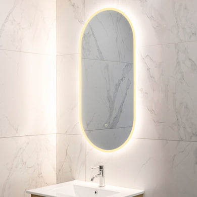 Pill Oval 500mm x 1000mm Frontlit and Backlit LED Frameless Mirror with Frosted Glass Border and Demister
