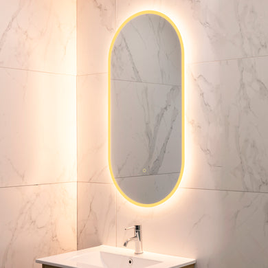 Pill Oval 500mm x 1000mm Frontlit and Backlit LED Frameless Mirror with Frosted Glass Border and Demister
