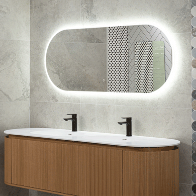 *Clearance* Pill Oval 1500mm x 600mm Frontlit and Backlit LED Frameless Mirror with Frosted Glass Border and Demister