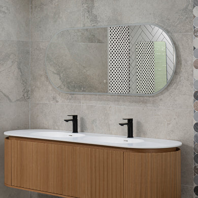 *Clearance* Pill Oval 1500mm x 600mm Frontlit and Backlit LED Frameless Mirror with Frosted Glass Border and Demister