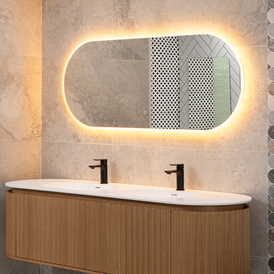 *Clearance* Pill Oval 1500mm x 600mm Frontlit and Backlit LED Frameless Mirror with Frosted Glass Border and Demister