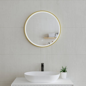 Circa Round 600mm Frontlit LED Framed Mirror with Demister, Brushed Brass (Gold) Frame *Clearance Stock*
