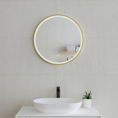 *Clearance* Circa Round 600mm Frontlit LED Framed Mirror with Demister, Brushed Brass (Gold) Frame