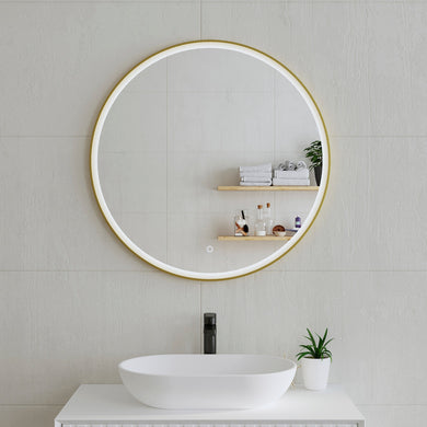 *Clearance* Circa Round 800mm Frontlit LED Framed Mirror with Demister, Brushed Brass (Gold) Frame