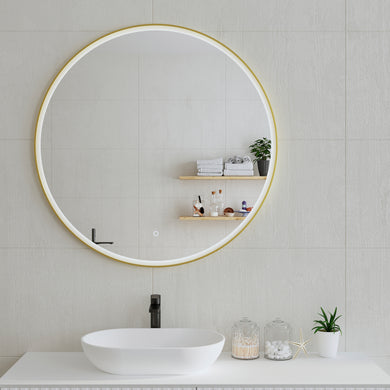 *Clearance* Circa Round 1000mm Frontlit LED Framed Mirror with Demister, Brushed Brass (Gold) Frame