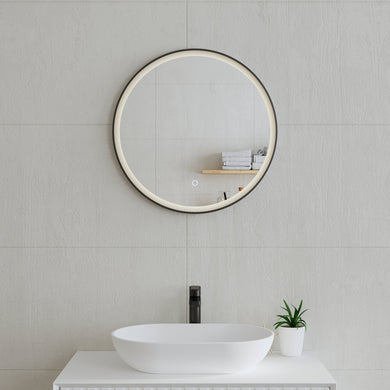 *Clearance* Circa Round 600mm Frontlit LED Framed Mirror with Demister, Matte Black Frame