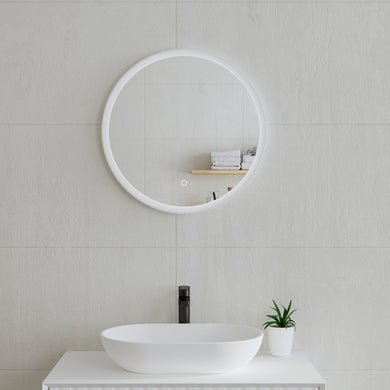 *Clearance* Circa Round 600mm Frontlit LED Framed Mirror with Demister, Matte White Frame