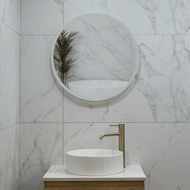 Circa Round 600mm Frontlit and Backlit LED Frameless Mirror with Frosted Glass Border and Demister