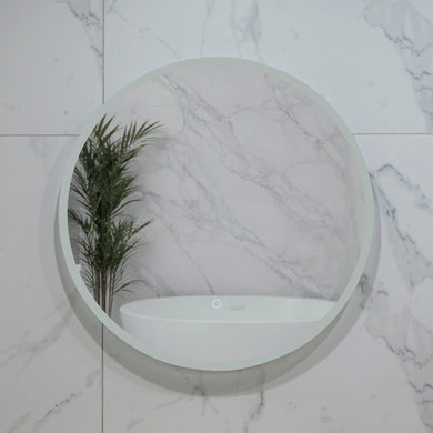 Circa Round 600mm Frontlit and Backlit LED Frameless Mirror with Frosted Glass Border and Demister