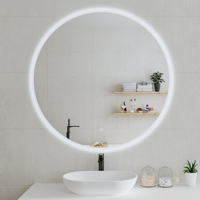 *Clearance* Circa Round 1100mm Frontlit and Backlit LED Frameless Mirror with Frosted Glass Border and Demister