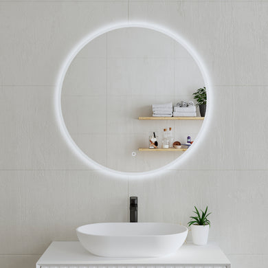 Circa Round 800mm Frontlit and Backlit LED Frameless Mirror with Frosted Glass Border and Demister