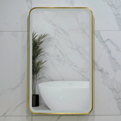 Retti Rectangular 450mm x 750mm Frontlit LED Framed Mirror with Demister, Brushed Brass (Gold) Frame