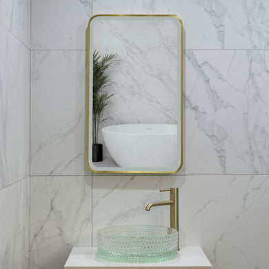 Retti Rectangular 450mm x 750mm Frontlit LED Framed Mirror with Demister, Brushed Brass (Gold) Frame