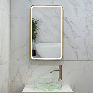 Retti Rectangular 450mm x 750mm Frontlit LED Framed Mirror with Demister, Brushed Brass (Gold) Frame