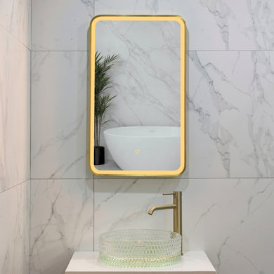 Retti Rectangular 450mm x 750mm Frontlit LED Framed Mirror with Demister, Brushed Brass (Gold) Frame