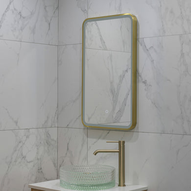 Retti Rectangular 450mm x 750mm Frontlit LED Framed Mirror with Demister, Brushed Brass (Gold) Frame