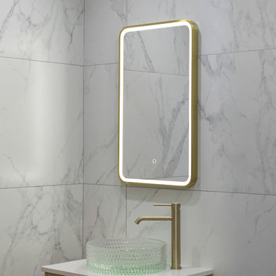 Retti Rectangular 450mm x 750mm Frontlit LED Framed Mirror with Demister, Brushed Brass (Gold) Frame