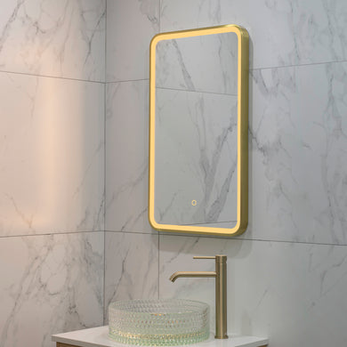 Retti Rectangular 450mm x 750mm Frontlit LED Framed Mirror with Demister, Brushed Brass (Gold) Frame