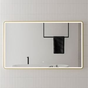 Retti Rectangular 1500mm x 900mm Frontlit LED Framed Mirror with Demister, Brushed Brass (Gold) Frame