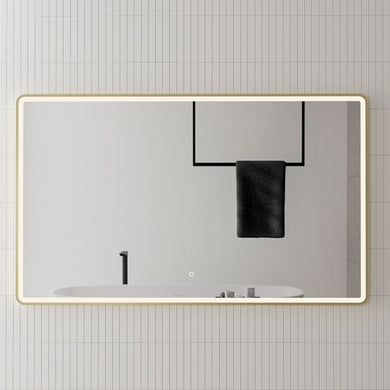 Retti Rectangular 1500mm x 900mm Frontlit LED Framed Mirror with Demister, Brushed Brass (Gold) Frame