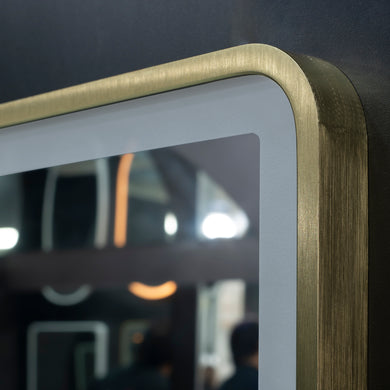 Retti Rectangular 1500mm x 900mm Frontlit LED Framed Mirror with Demister, Brushed Brass (Gold) Frame