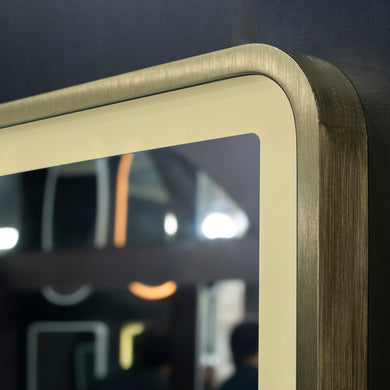 Retti Rectangular 1500mm x 900mm Frontlit LED Framed Mirror with Demister, Brushed Brass (Gold) Frame