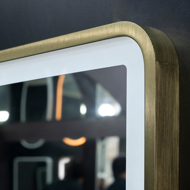Retti Rectangular 1200mm x 900mm Frontlit LED Framed Mirror with Demister, Brushed Brass (Gold) Frame
