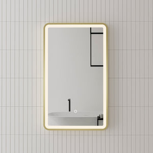 Retti Rectangular 450mm x 750mm Frontlit LED Framed Mirror with Demister, Brushed Brass (Gold) Frame *Clearance Stock*