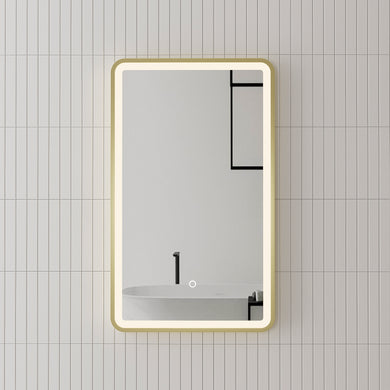 Retti Rectangular 450mm x 750mm Frontlit LED Framed Mirror with Demister, Brushed Brass (Gold) Frame