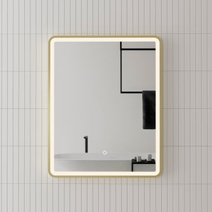 Retti Rectangular 600mm x 750mm Frontlit LED Framed Mirror with Demister, Brushed Brass (Gold) Frame