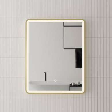 Retti Rectangular 600mm x 750mm Frontlit LED Framed Mirror with Demister, Brushed Brass (Gold) Frame