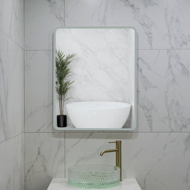 Retti Rectangular 600mm x 750mm Frontlit and Backlit LED Frameless Mirror with Frosted Glass Border and Demister
