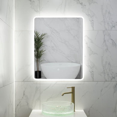 Retti Rectangular 600mm x 750mm Frontlit and Backlit LED Frameless Mirror with Frosted Glass Border and Demister