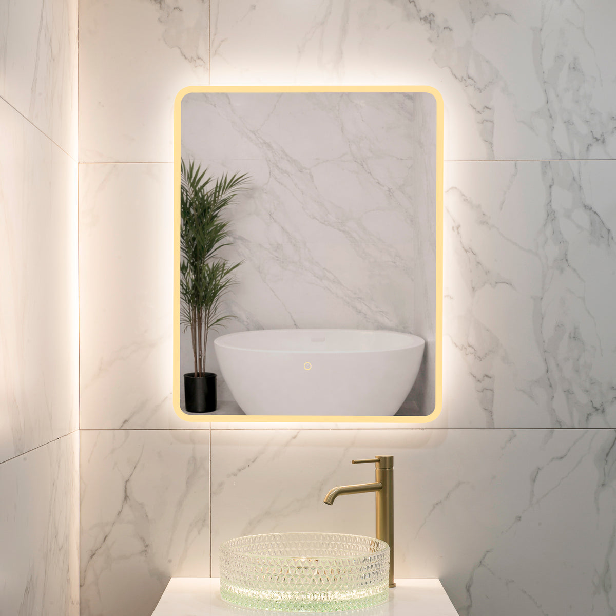 Retti Rectangular 600mm x 750mm Frontlit and Backlit LED Frameless Mirror with Frosted Glass Border and Demister