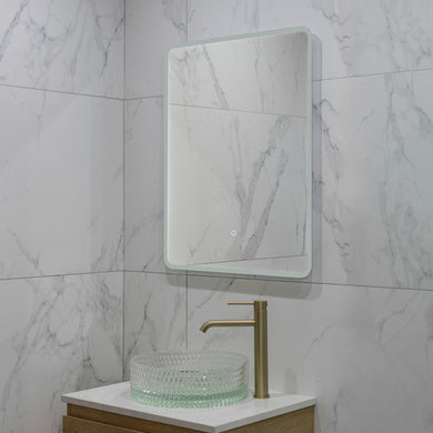 Retti Rectangular 600mm x 750mm Frontlit and Backlit LED Frameless Mirror with Frosted Glass Border and Demister