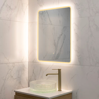 Retti Rectangular 600mm x 750mm Frontlit and Backlit LED Frameless Mirror with Frosted Glass Border and Demister