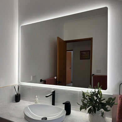 Retti Rectangular 1400mm x 900mm Frontlit and Backlit LED Frameless Mirror with Frosted Glass Border and Demister