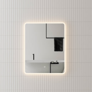 Retti Rectangular 600mm x 750mm Frontlit and Backlit LED Frameless Mirror with Frosted Glass Border and Demister