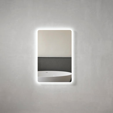 Retti Rectangular 600mm x 900mm Frontlit and Backlit LED Frameless Mirror with Frosted Glass Border and Demister