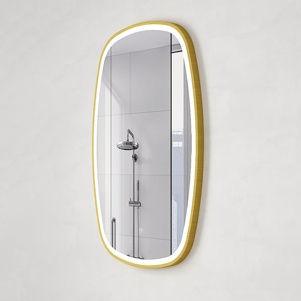 Riri Oblong Frontlit LED Mirror with Brushed Brass (Gold) Frame and Demister | 2 sizes available, 500mm and 600mm |