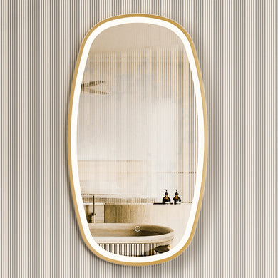 *Clearance* Riri Oblong 500mm x 900mm Frontlit LED Framed Mirror with Demister, Brushed Brass (Gold) Frame