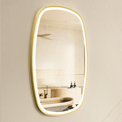*Clearance* Riri Oblong 600mm x 900mm Frontlit LED Framed Mirror with Demister, Brushed Brass (Gold) Frame