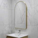 Arco Arch 550mm x 1000mm Frontlit LED Framed Mirror with Demister, Brushed Brass (Gold) Frame