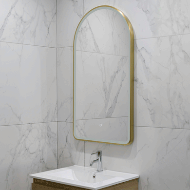 Arco Arch 550mm x 1000mm Frontlit LED Framed Mirror with Demister, Brushed Brass (Gold) Frame