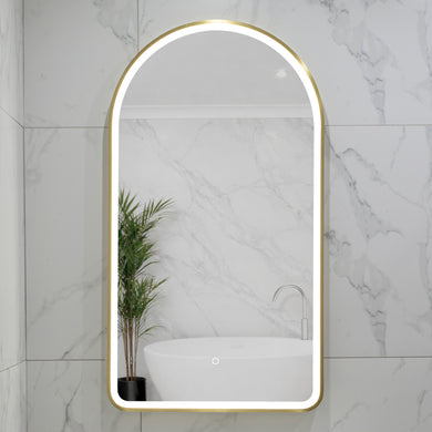 Arco Arch 550mm x 1000mm Frontlit LED Framed Mirror with Demister, Brushed Brass (Gold) Frame