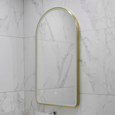 Arco Arch 550mm x 1000mm Frontlit LED Framed Mirror with Demister, Brushed Brass (Gold) Frame