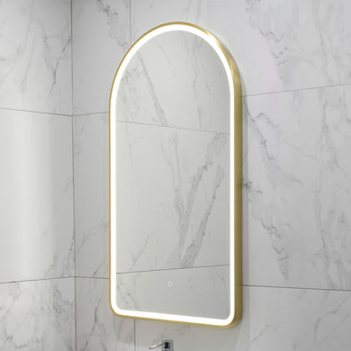 Arco Arch 550mm x 1000mm Frontlit LED Framed Mirror with Demister, Brushed Brass (Gold) Frame